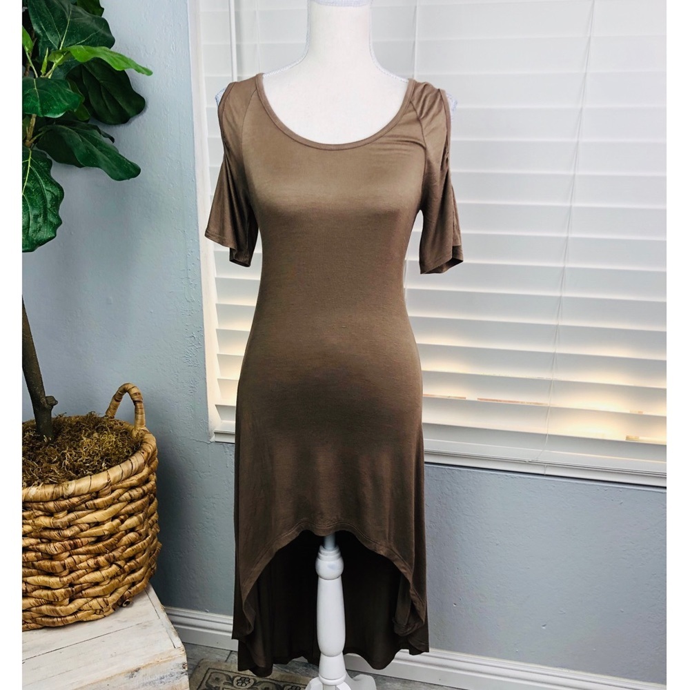 COMFY HIGH LOW BROWN SHORT SLEEVE DRESS